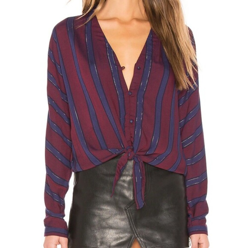 Rails Sloane Janeiro Stripe Tie Front Shirt Burgundy Navy Metallic Lurex Shimmer